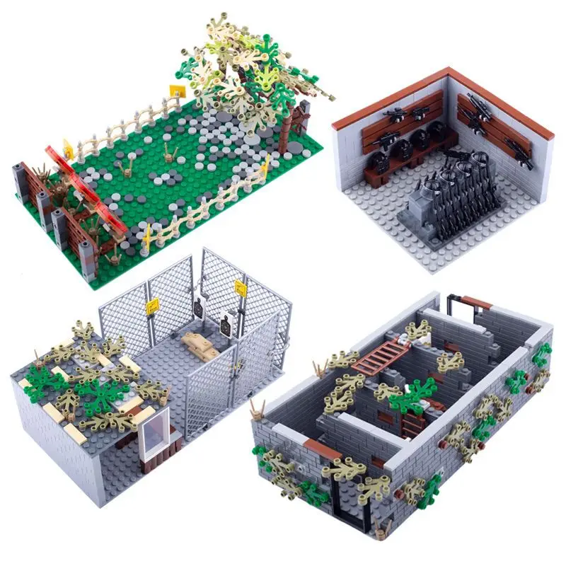 MOC Militärische Schlachtfeld-Landschaftsbausteine – Aufbewahrung von taktischen Ausrüstung/Jail Base/Woodland Scene DIY Bricks Kit für Bastler
