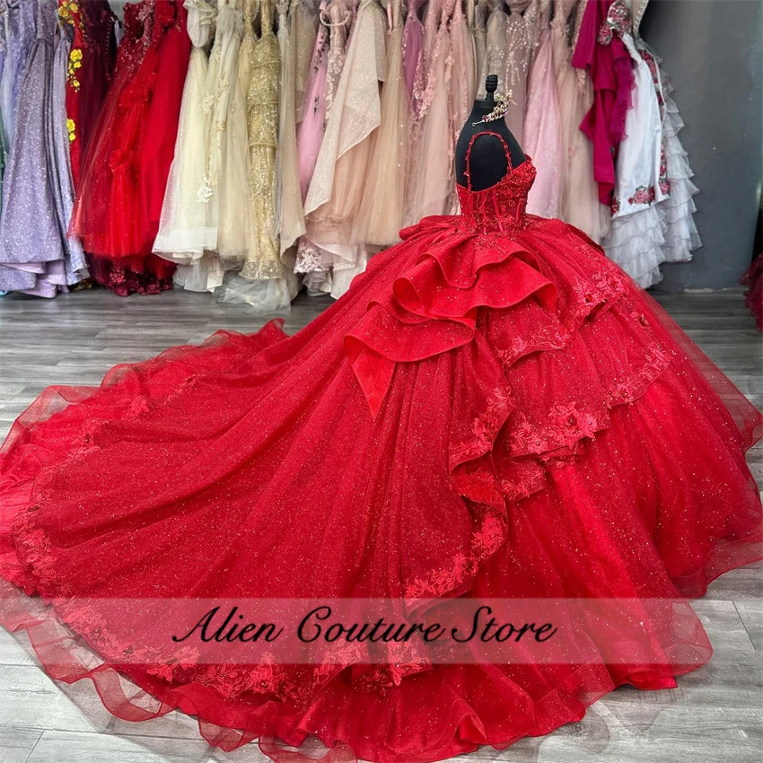 Vestido De quinceañera rojo mexicano, vestido De baile con apliques De cuentas, tren De corte, cristales, cumpleaños, 15 Años, 2024