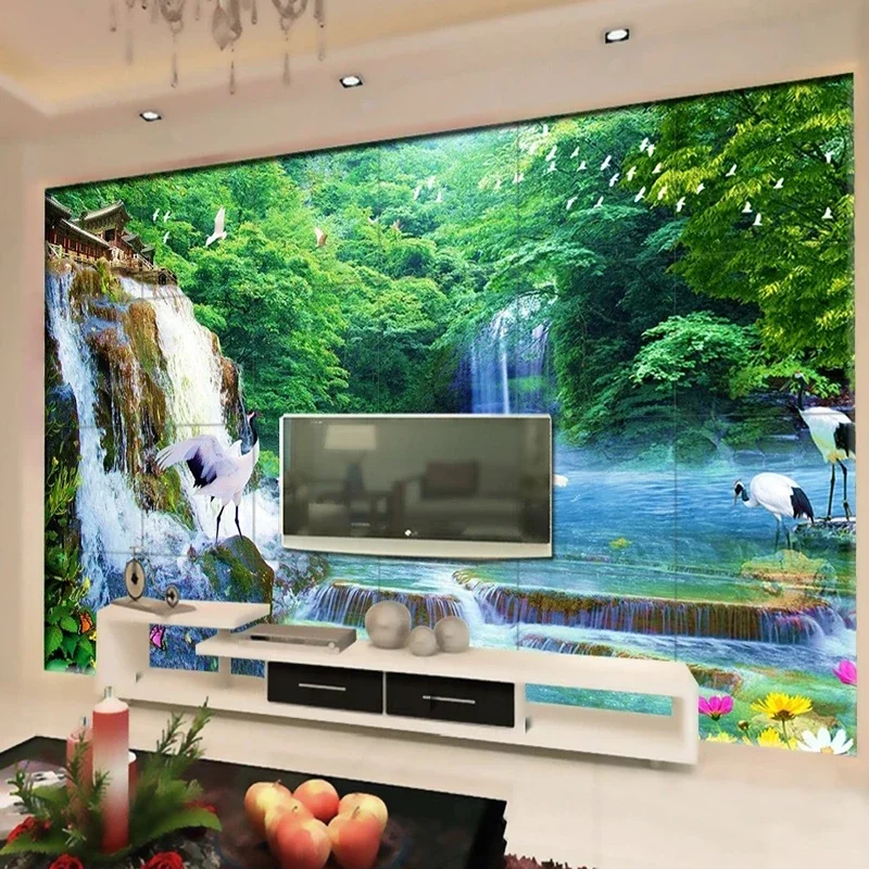 Custom 3D Murals Wallpaper Green Forest Waterfall Scenery Photo Wall Cloth Living Room TV Sofa Classic Home Decor Wall Paper 3 D