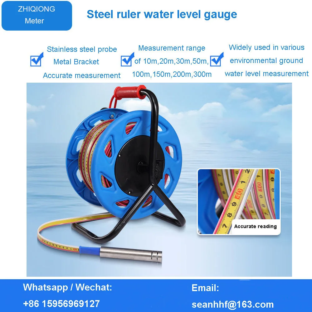 Portable 50m 100m 300m 400m Steel Ruler Underground Water Level Indicator Steel Tape Water Level Gauge with Iron shelf