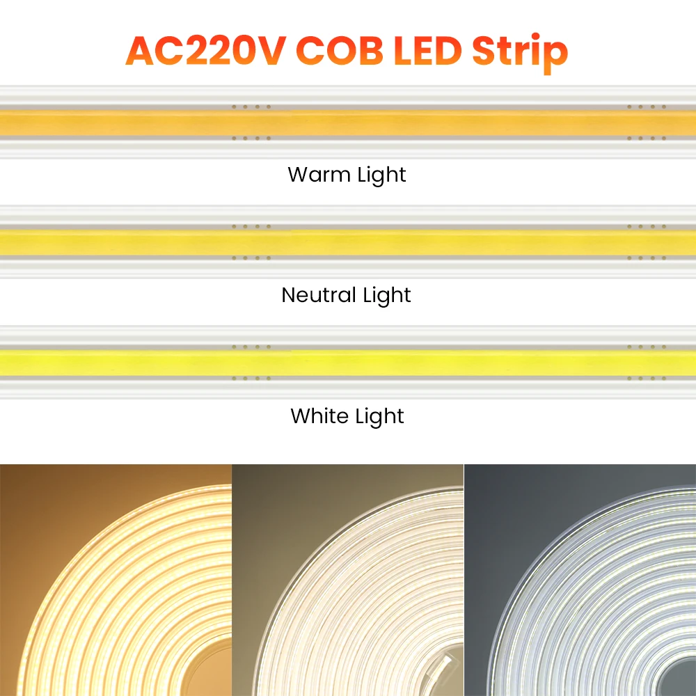 COB LED Strip with UK Plug and Switch High Density Flexible 360LEDs/m Lights Tape Cool/Nature/Warm White Linear Lighting AC220V