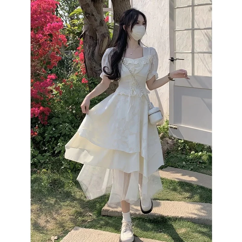 

Square Necked Short Sleeved Dress for Women in Summer 2024 Gentle Style Fluffy Skirt Slim Waist Ruffled Edge Princess Skirt WLF