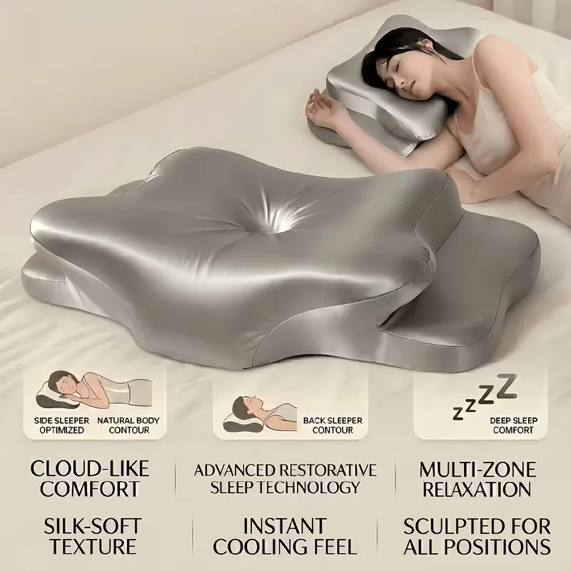 

Cervical Pillow for Neck Pain Relief Ergonomic Memory Foam Contour Pillow with Silky Satin Fabric Cover Orthopedic Bed Pillow