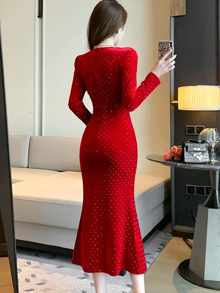 Autumn Winter Red Diamonds Velvet Luxury Prom Dress Korean Elegant Festival Party Dress for Women 2024 Fashion Bodycon Vestidos