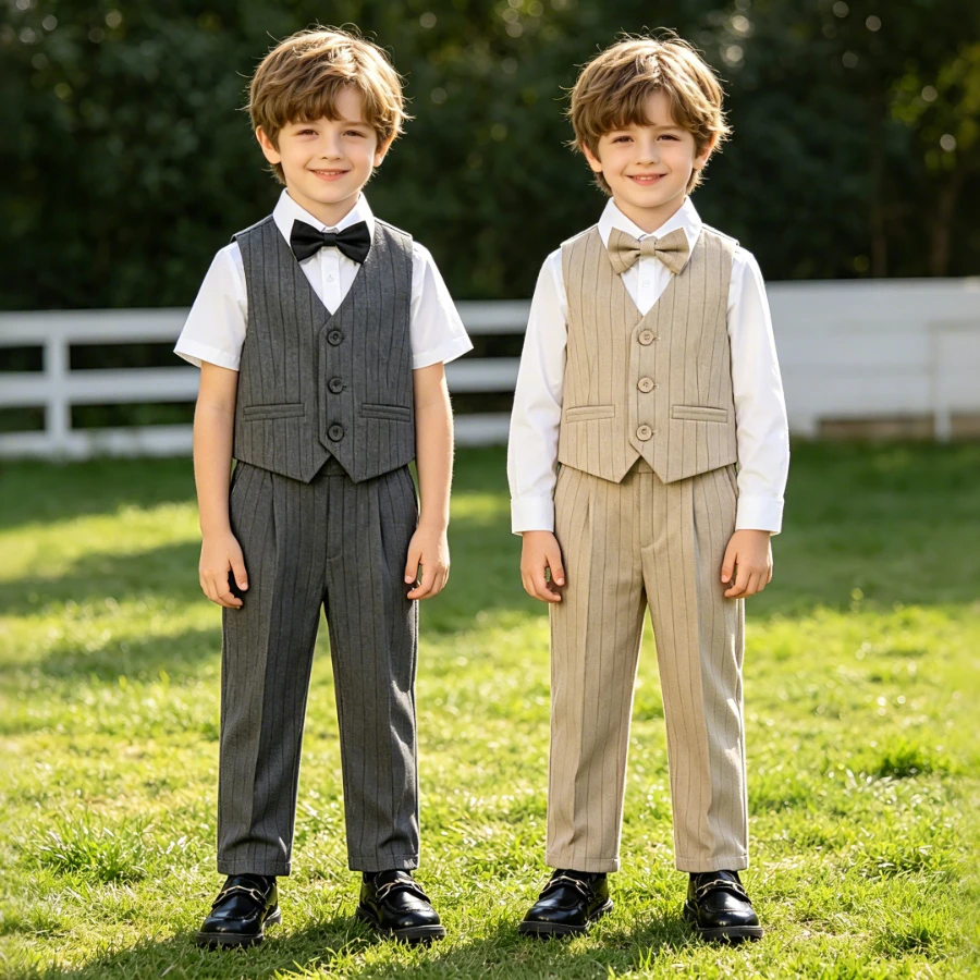 Sommeranzug-Set für Kleinkinder, Jungen, formelles Outfit für Hochzeiten, Ringträger, Geburtstagsfeiern, Kurzarmhemd, Weste, Hose