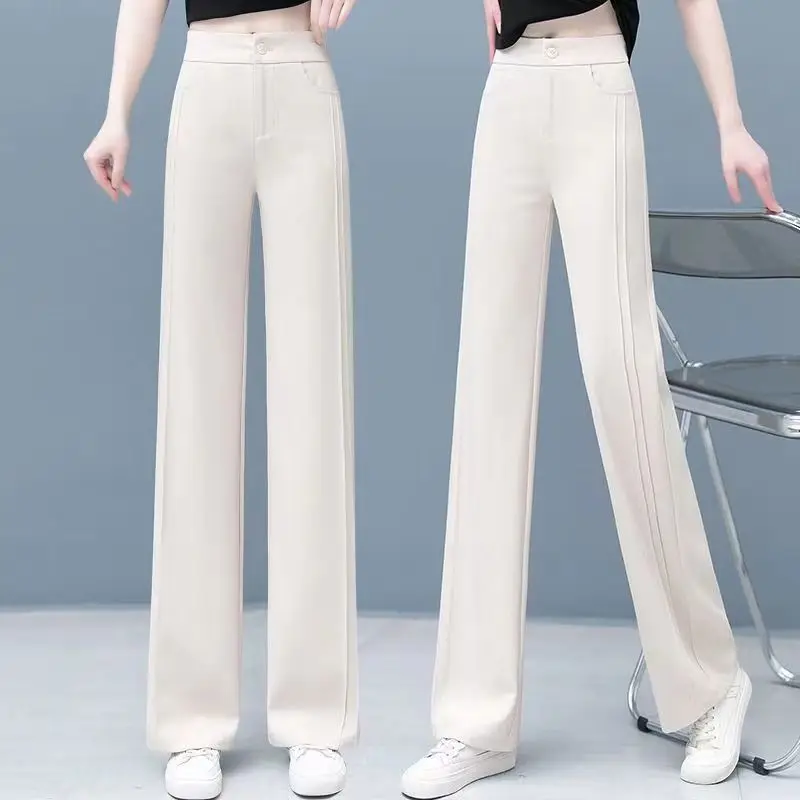 Pantalon taille haute monochrome pour femme, poches simples, épissé, tout match, droit, vêtements pour femmes, mode de bureau, printemps, été