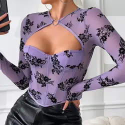 Printed O-Neck Long Sleeves Corset Crop Top Chic Sexy​ Hollow Out Tank Tops Slim Boned Women's Bodice Summer Streetwear Camisole