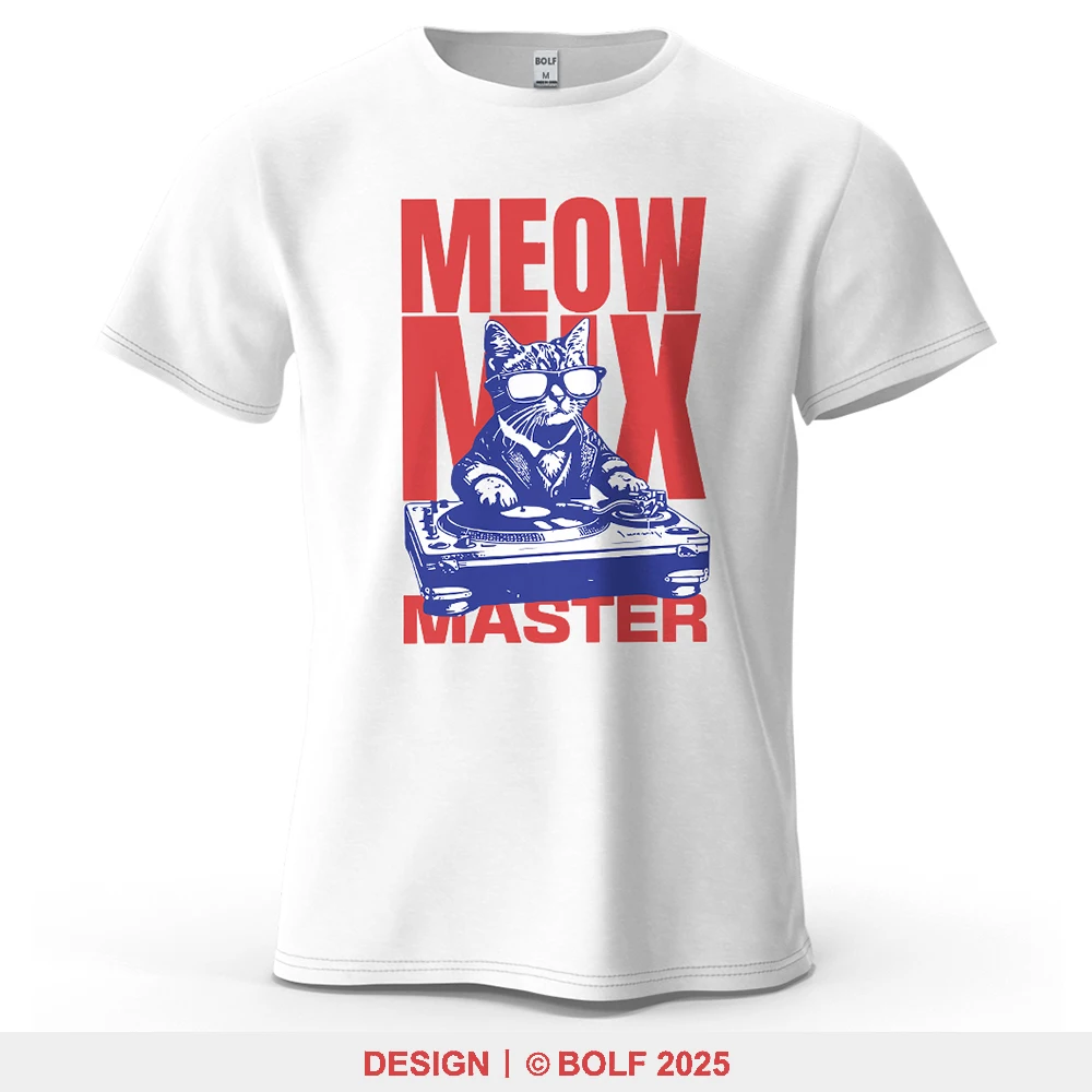 Meow Mix Master bedrucktes Herren-T-Shirt aus 100 % Baumwolle, übergroße Cartoon-Grafik-T-Shirts für Damen, Tops, lässige Streetwear
