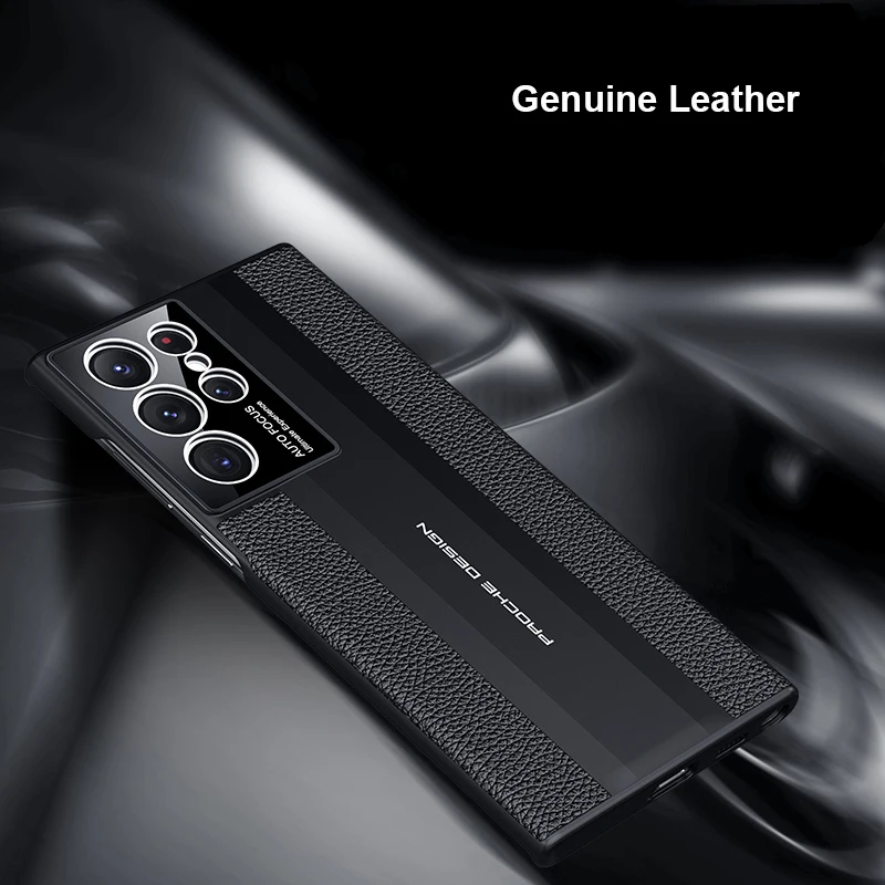 S22 S23 Ultra Genuine Leather Case For Samsung Galaxy S23 Ultra S23 Plus Plating PC Bumper Camera Lens Protector Phone Cover