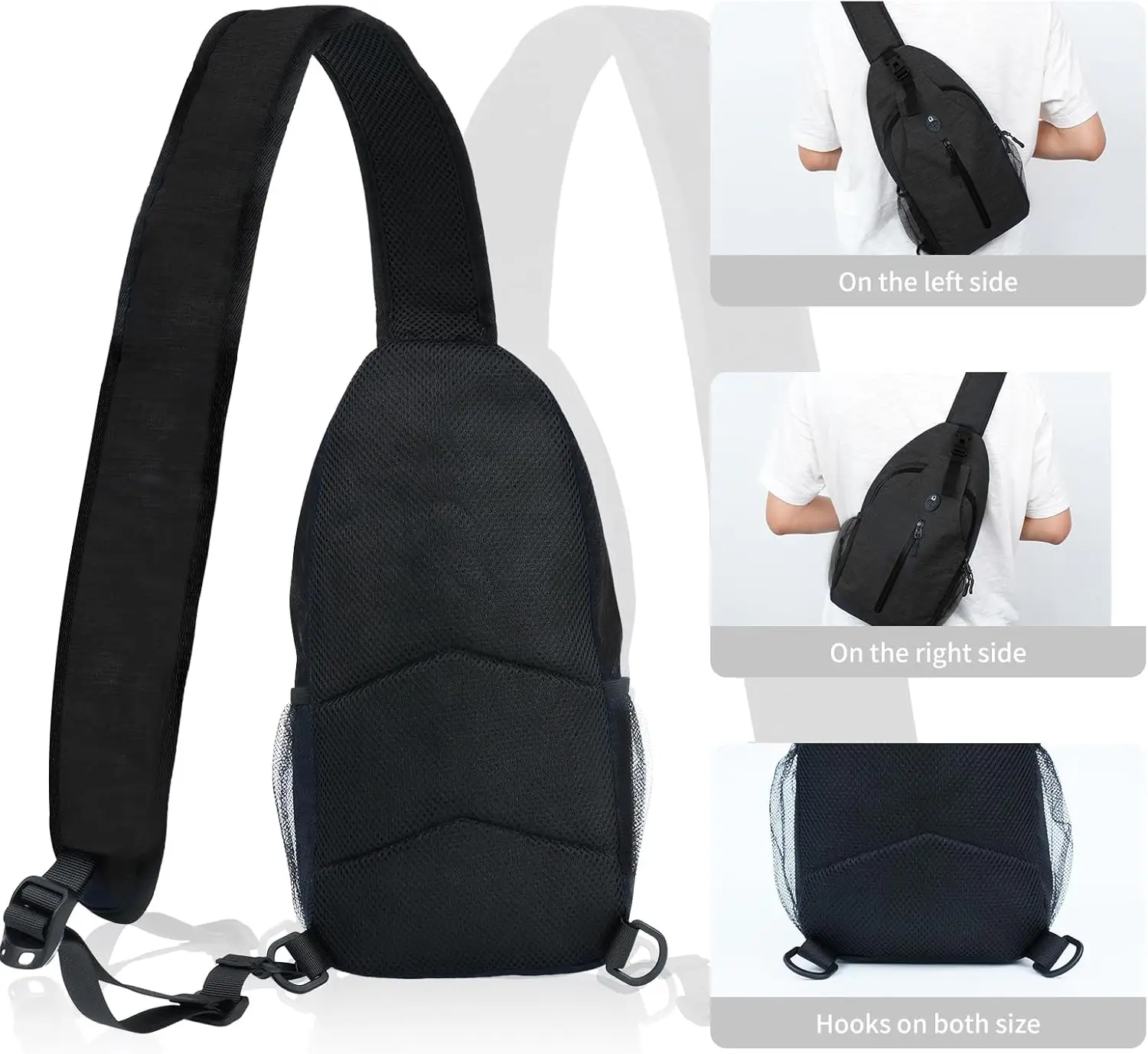 Tas Selempang Ransel untuk Wanita & Pria - Tas Ransel Hiking Portabel dengan Kantong Botol Air, Hitam