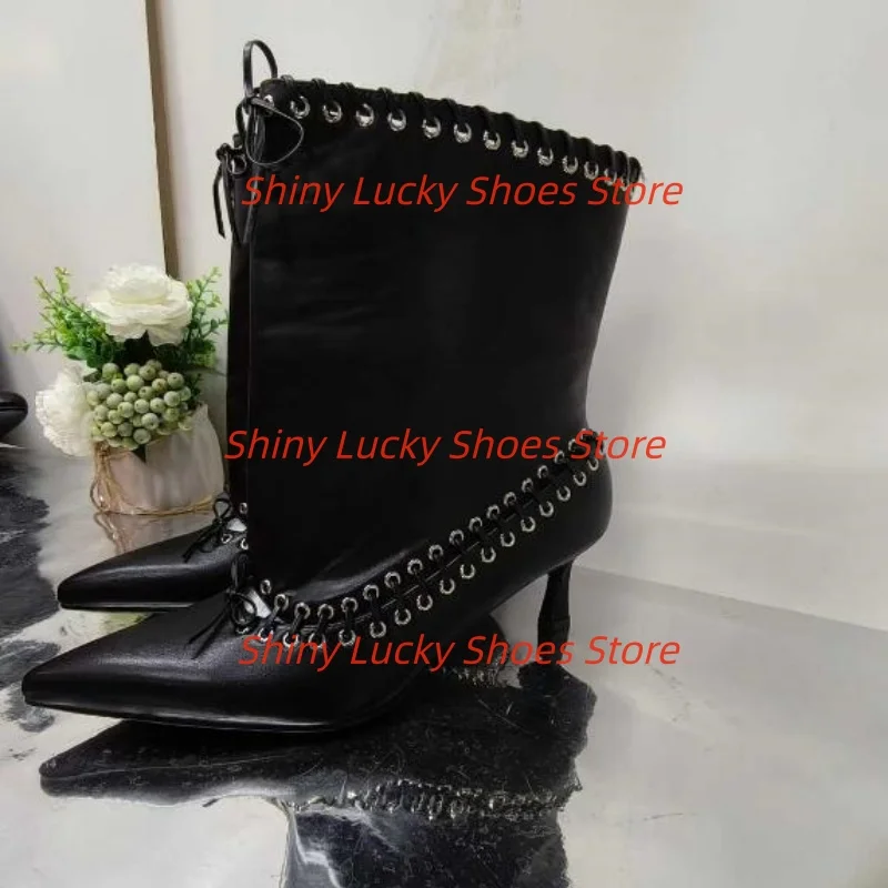 

Женские ботинки с заклепками, туфли на высоком каблуке с острым носком и перекрестным ремешком, плиссированная обувь для женщин, швейные линии, Zapatos Mujer, шпильки