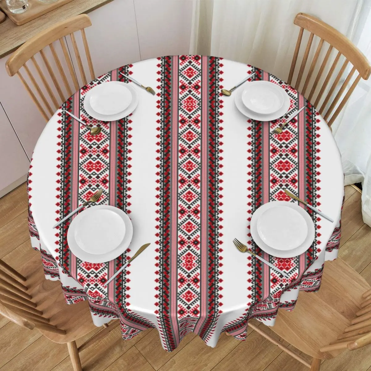 Ukraine Vyshyvanka Embroidery Tablecloth Round Oilproof Bohemian Geometric Table Cover Cloth for Kitchen 60 inches