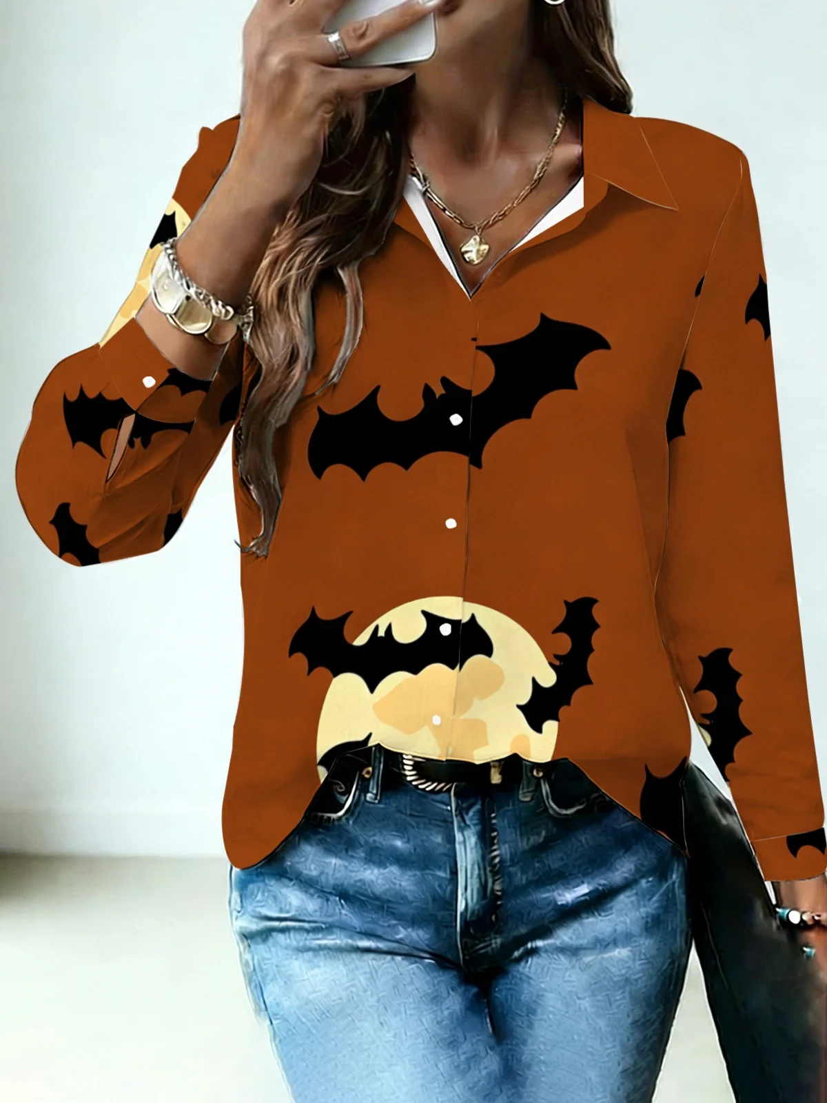 Soft Minimal Halloween Bat Moon Womens Collared Shirt Solid Caramel Brown Base Black Bat Silhouette Full Moon Allover Print Long