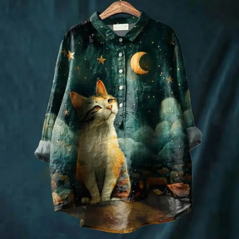 เสื้อเชิ้ตติดกระดุมพิมพ์ลายดอกไม้ทรงหลวมลำลองสำหรับสุภาพสตรี - เสื้อที่น่าสนใจสำหรับแมว สุนัข และสัตว์เล็กๆ ต่างๆ