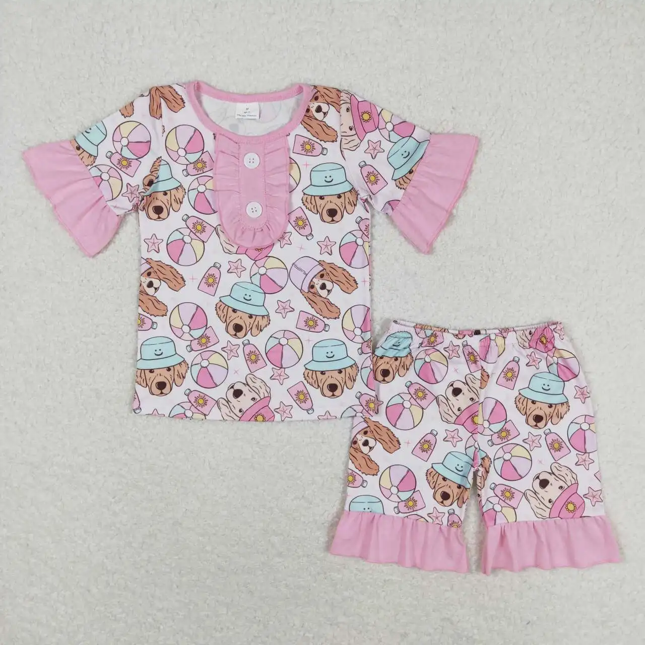 GSSO0950 Kids Girls Summer Outfit  Sets Short Sleeves Top Star Beach Ball Hat Puppy Print  With Shorts Children Clothes