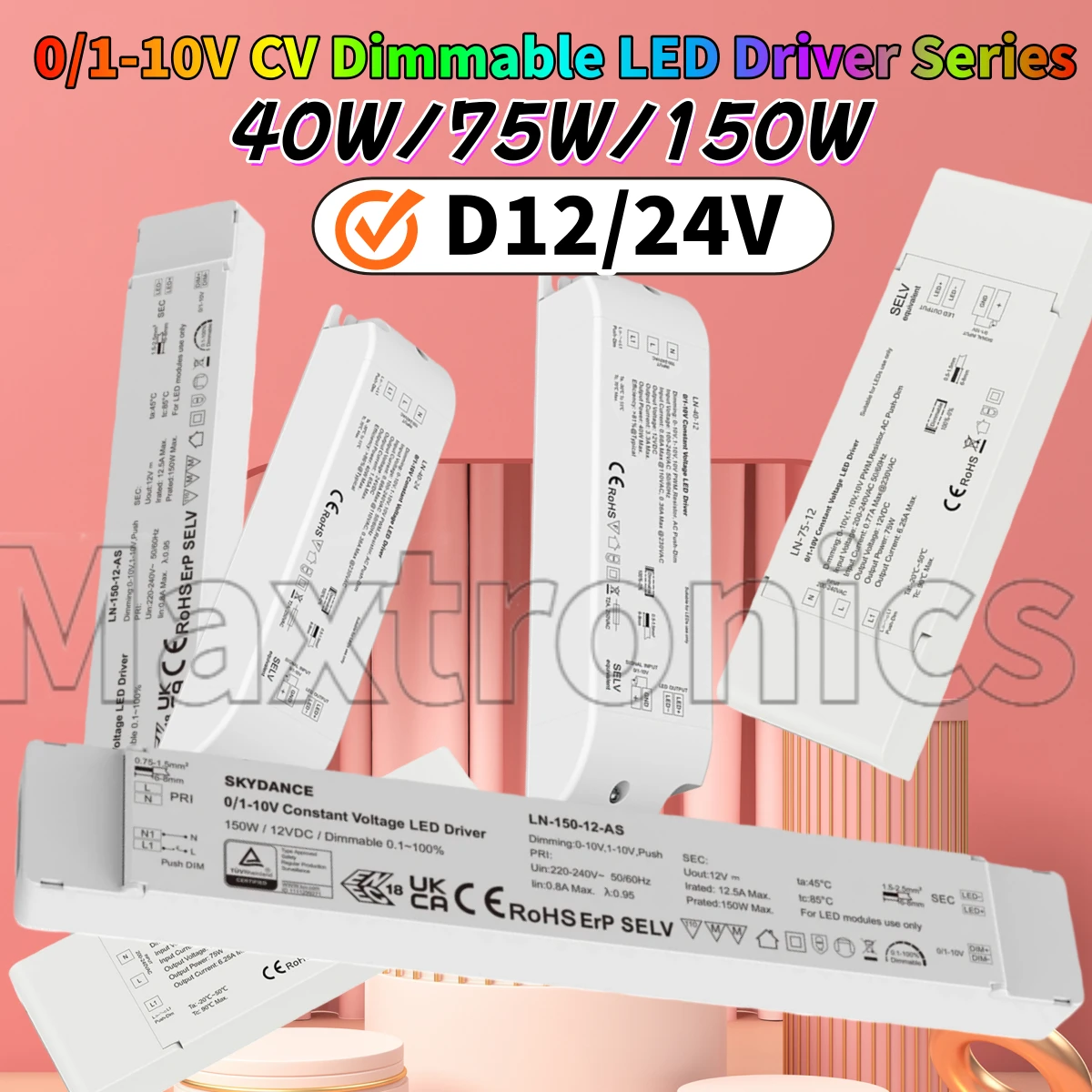 

Skydance 40W/75W/150W 0/1-10V CV Dimmable LED Driver Series AC220V to DC12/24V PWM Dimming LED Light LN-40-24 Transformer Power