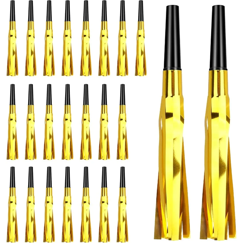 

Noise Makers, 24 PCS Gold Noise Makers, Glitter Metallic Fringed Party Blowers Noisemakers Horns for Adults for Birthday Sportin
