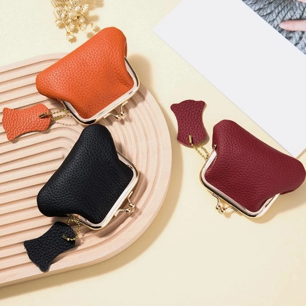 Jewelry Bag Mini Coin Purse Cow Leather Keys/Lipsticks/Earphone Kiss Lock Leather Wallet Solid Color Storage Small Item Bag