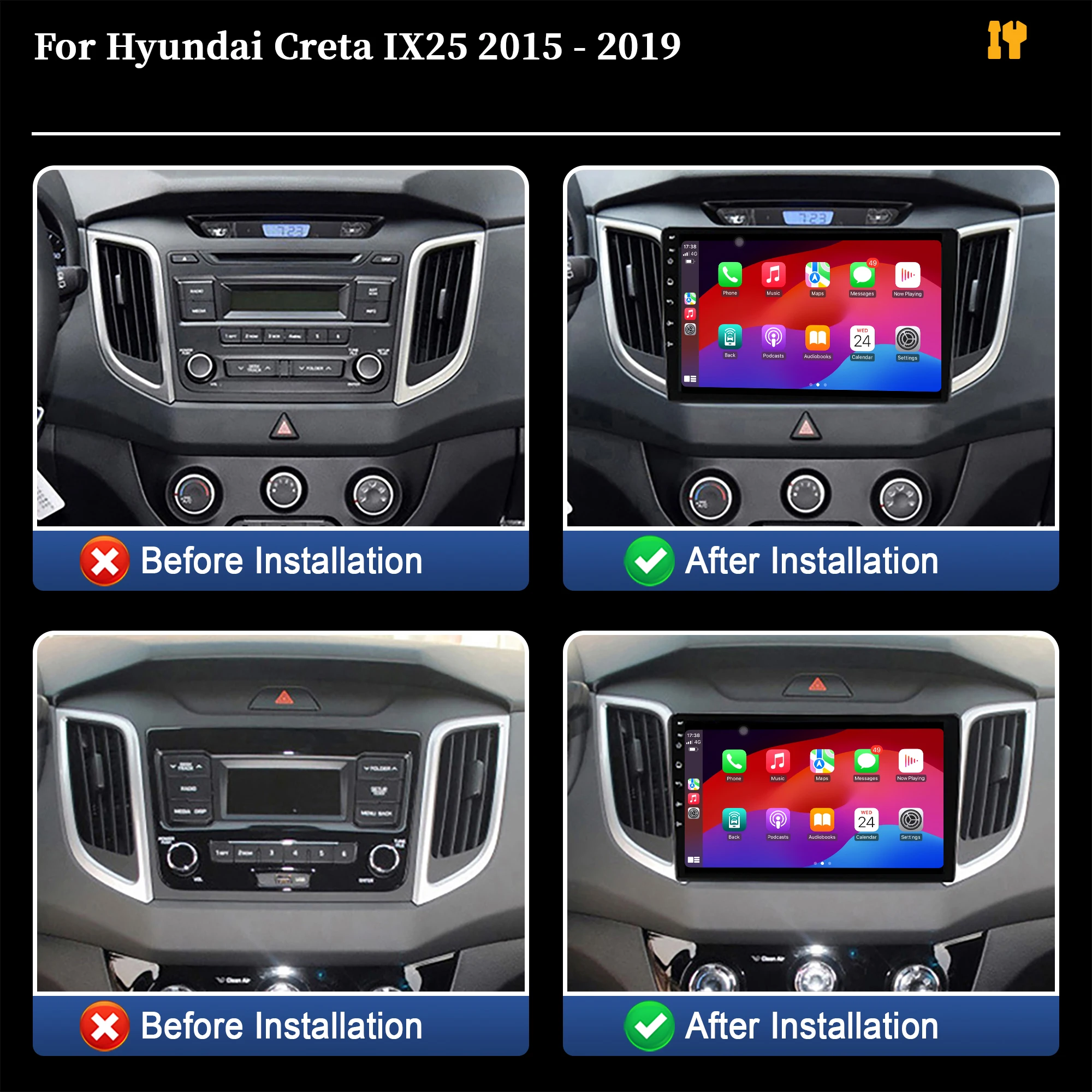 For Hyundai Creta IX25 2015-2019 Car Radio Multimedia Navigation GPS Wireless CarPlay 4G Touch Stereo Screen