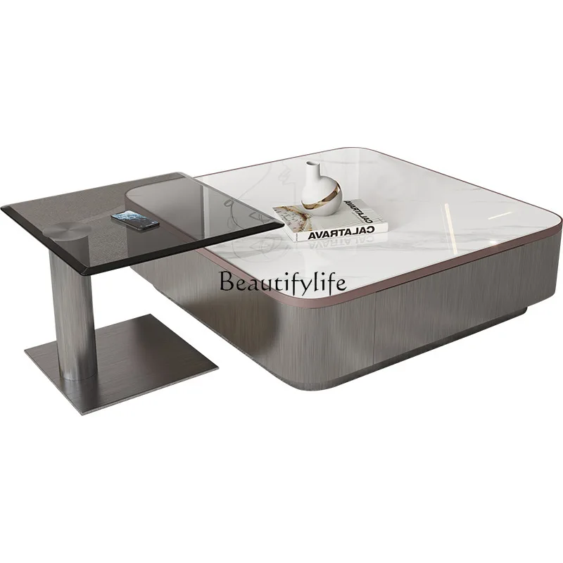 Mesa de centro cuadrada minimalista italiana para el hogar, combinación de mesa de centro de losa de roca para apartamento pequeño de lujo