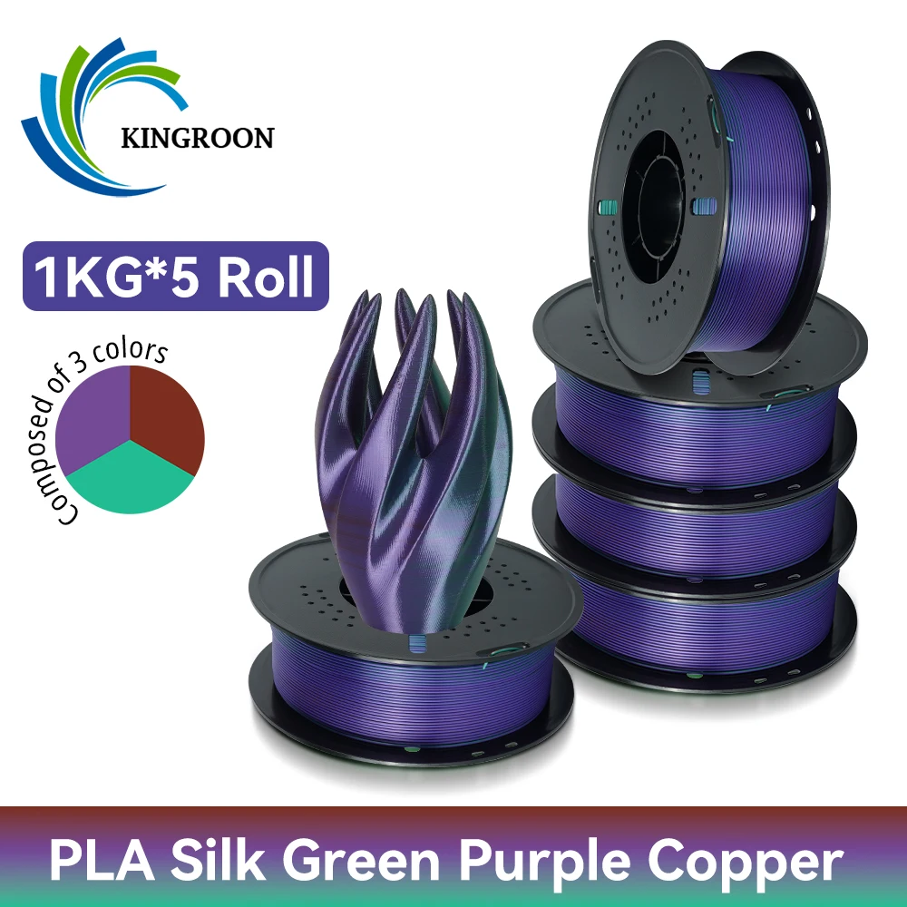 KINGROON 5KG 3KG 1KG PLA Silk 3colors Filament 1.75mm filamentos para impresora 3D High Gloss Finish Vibrant & Shiny Tangle-Free