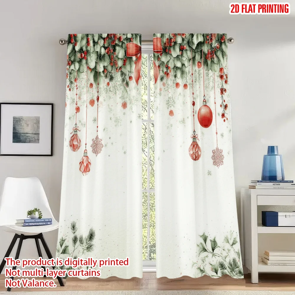 2 قطعة 2D الطباعة المسطحة عيد الميلاد حزب الستائر عيد الميلاد إكليل الأحمر الحلي الرقمية المطبوعة البوليستر الستائر احتفالي جدار ديكور #1