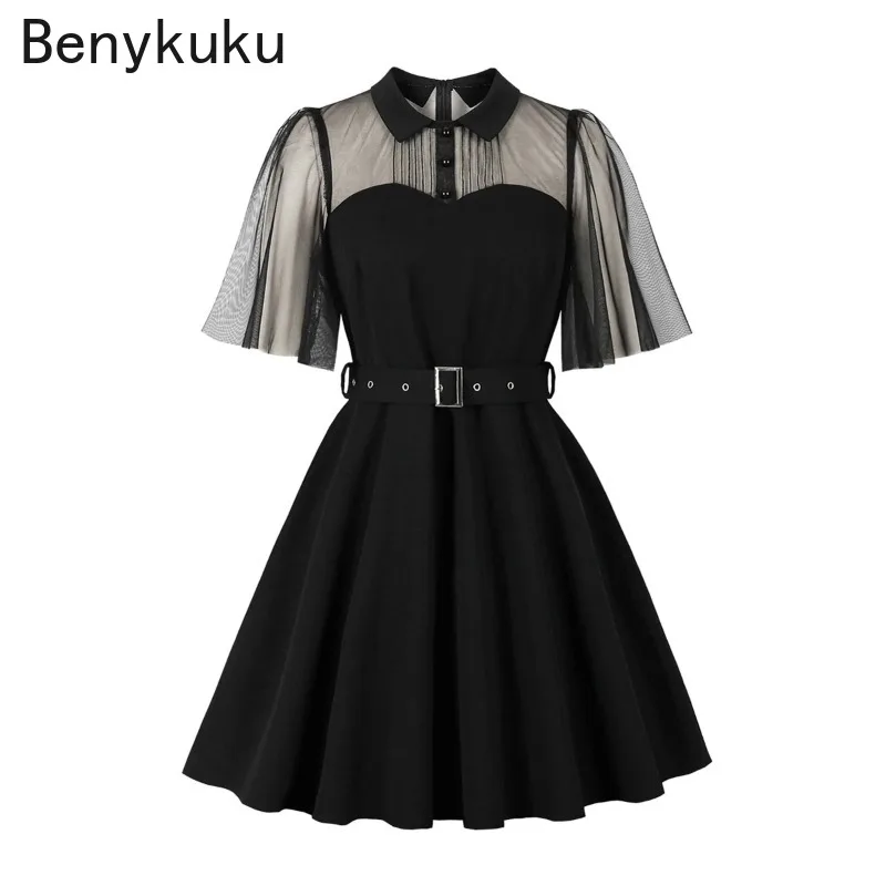 

Buttons Front Mesh Sleeve Black Gothic Party Dresses 2025 Summer Clothes Women Turn-Down Collar Belted Y2k Vintage Prom Dress