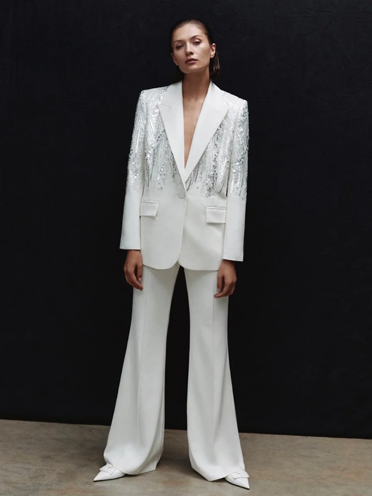 2024 Spring White Two-Piece Set for Women: Sequin Design High Streetwear Blazer Coat + Pants Suit, Long Sleeves