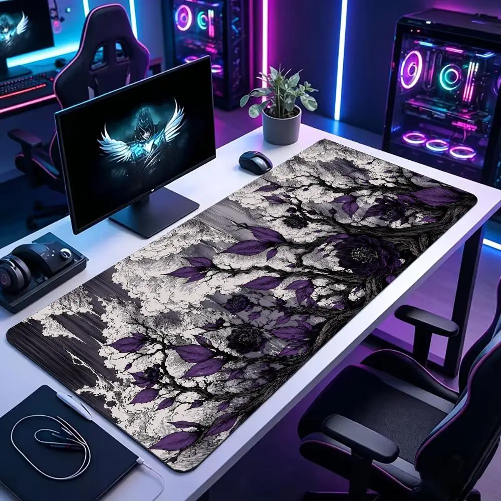 Large XXL Gaming MousePad Desk Mat Keyboard Pad Black White Purple Peony Ink Wash Non Slip Rubber Extended Aesthetic Table Decor
