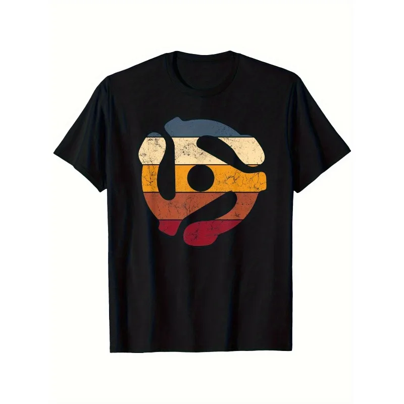 Men's Vintage for Dj 45-RPM Record Player Graphic T-Shirt - Black Retro Music Tee with Colorful Vinyl Record & Turntable Design