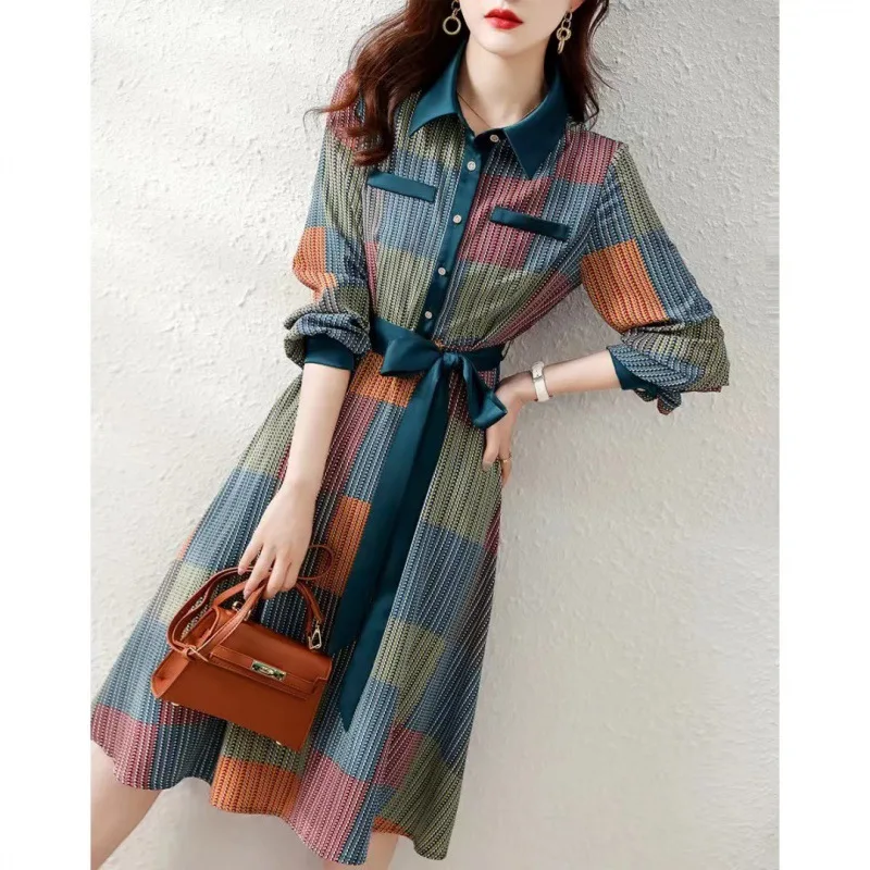 Korean Autumn Patchwork Women Dress 2023 New Floral Long Sleve Lacing Turn Collar Button Pullover Female Dresses Vestidos