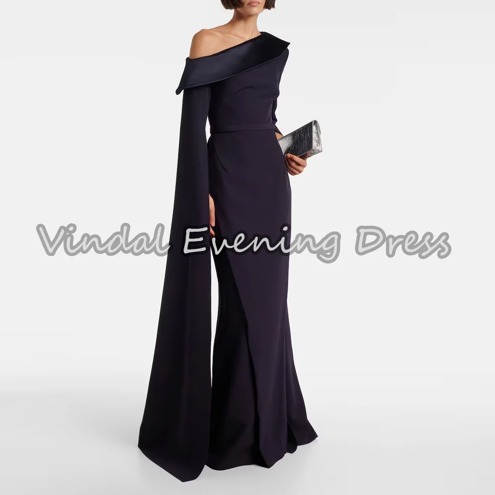 

Vindal Crepe Mermaid One-shoulder Neckline Draped Floor Length Simple Saudi Evening Dresses For Women 2025 With Long Sleeves