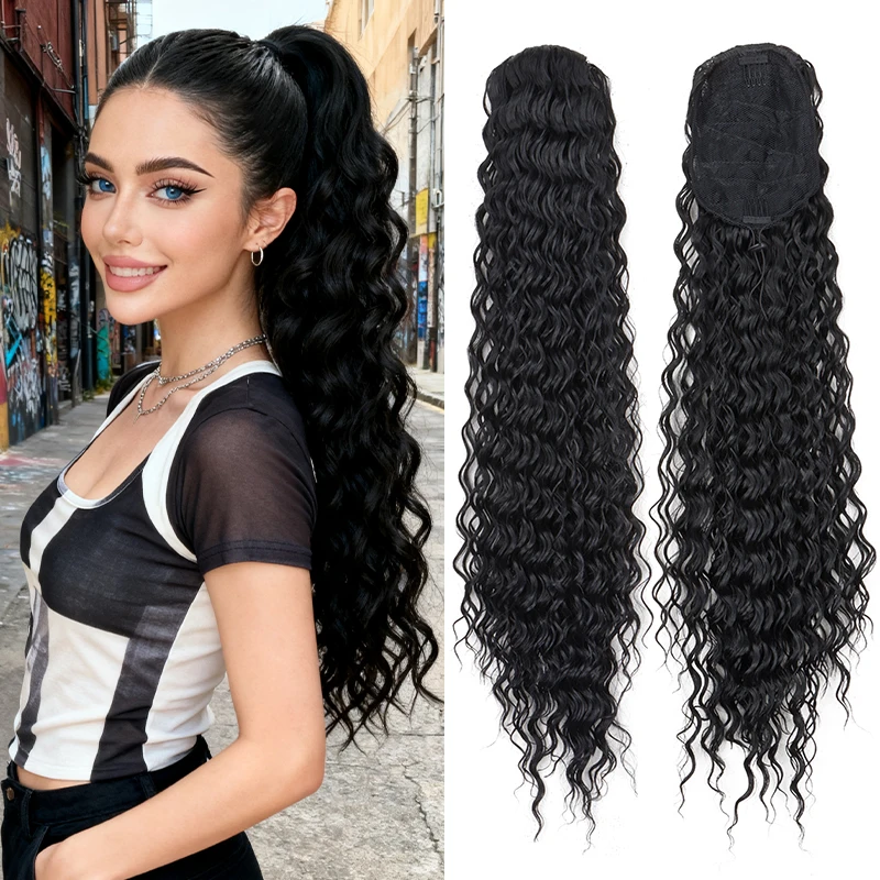 WIGSIN Synthetic 24Inch Long Deep Water Wave Curly Ponytail Hair Extension Drawstring Afro Kinky Hairpiece for Women