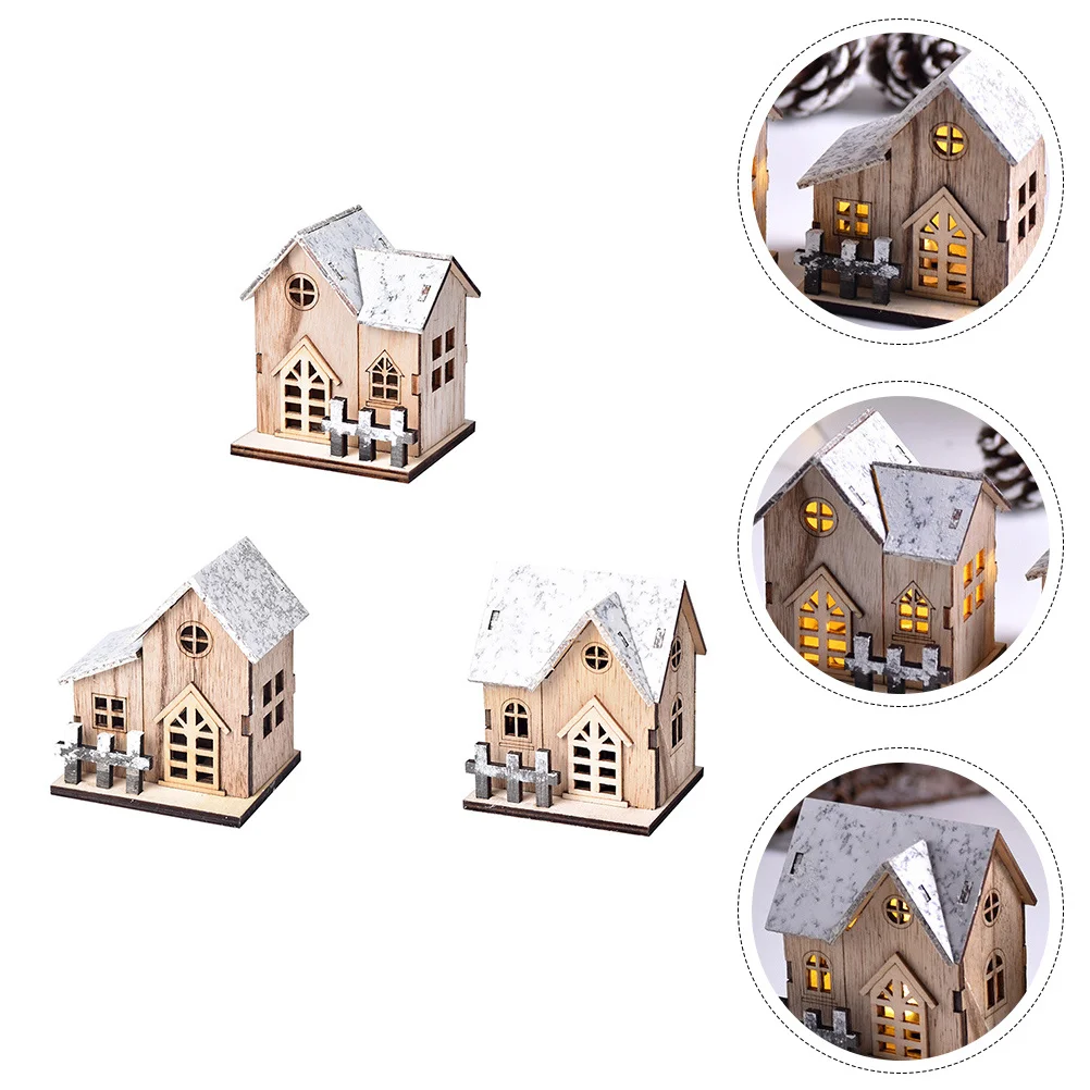 

3Pcs Luminous Snow Layout House Wooden Puzzle Cottage Christmas Decor for Desktop Festival Landscape Adornment