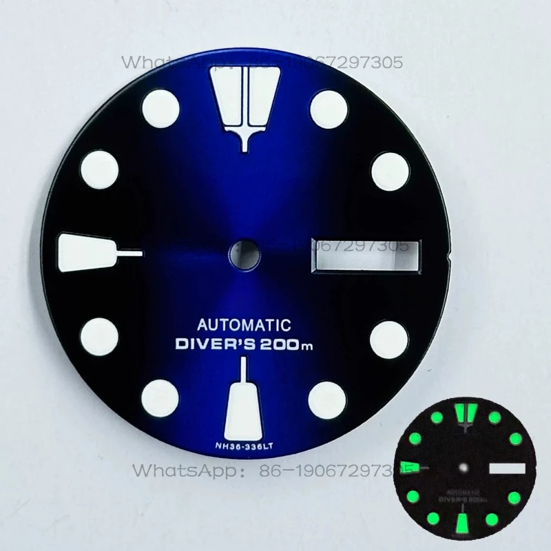 Montre mécanique personnalisée avec cadran NH36 de 28,5 mm, surface lumineuse verte NH35 modifiée en nacre, accessoires de plongée