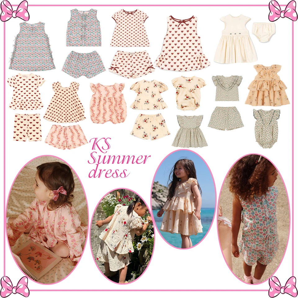 Summer Children Clothes Girl KS 2026 Girls Newborn Baby Tops Short Sleeved Shorts Dress Romper Heart Floral Print Cute Vacation