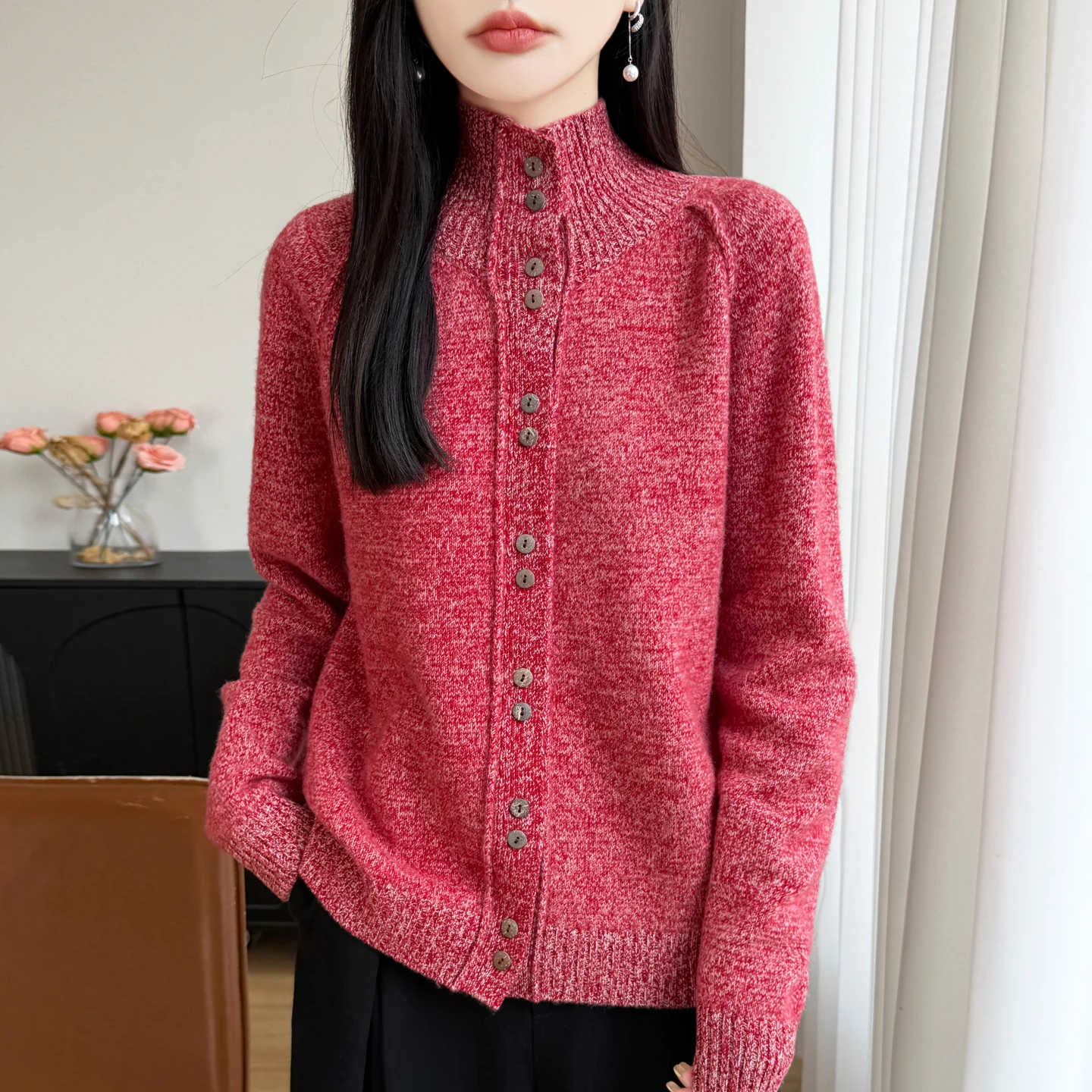 100% Merino Wool Women Stand Collar Button Down Knit Cardigan Thicken Sweater Korean Style Casual Knitwear Soft Knitted Top