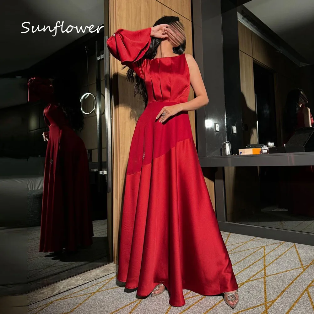 

Sunflower Simple Red One-Shoulder A-LINE 2024 Slim Satin Long Ocassion Gown Ankle-Length Formal Evening Dress Party Dress