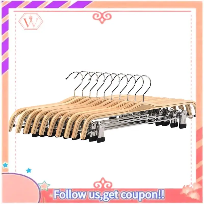 

Upgraded 10 Pack Solid Finish Wooden Trousers/Skirt Hangers With Anti-Rust Clips Coat Clothes Hangers