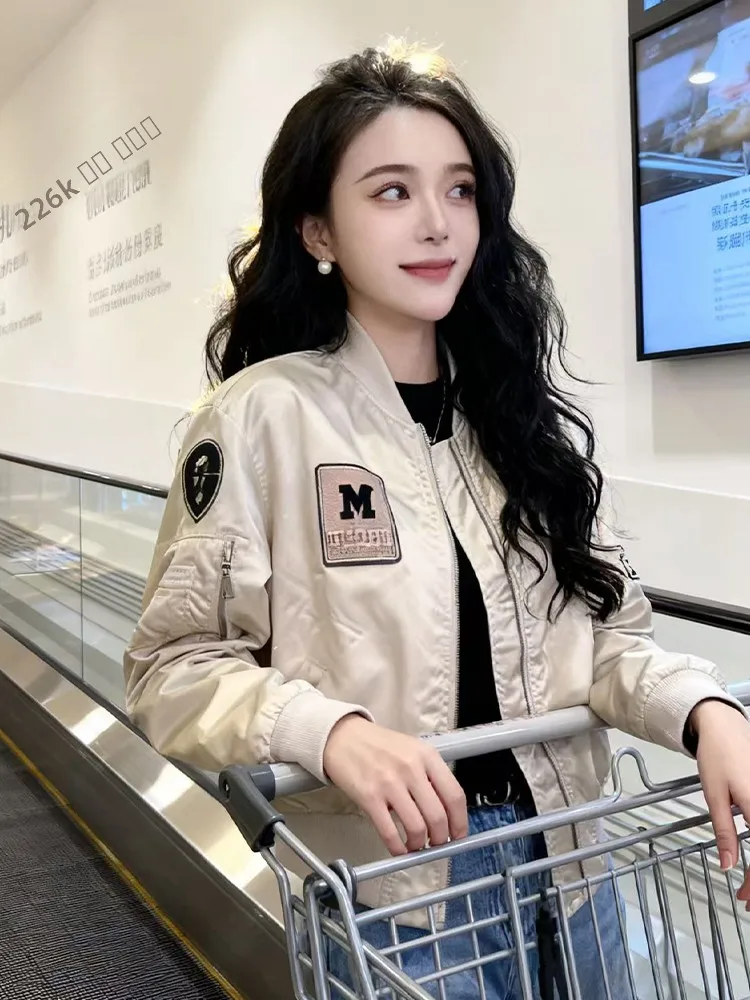 Korean Sle Stand Collar Patch Label Flight Jaet Coat Women Spring Autumn 2026 New Casual Versatile Cotton Thiened Baseb...