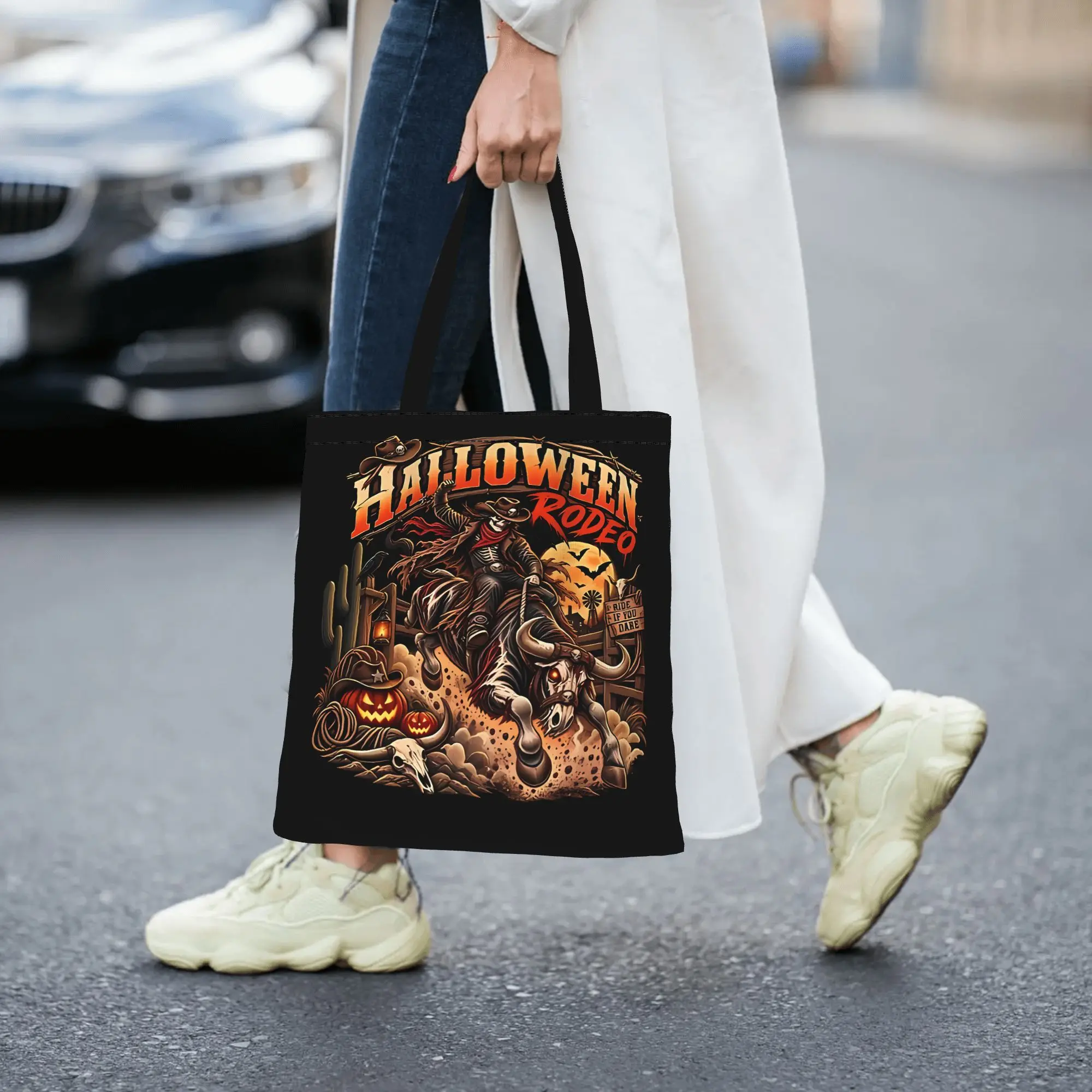 Halloween Rodeo Skeleton Cowboy Riding Haunted Bull  Western canvas tote bag,  casual style for daily shopping