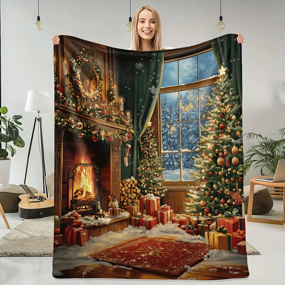 

Рождественское фланелевое одеяло для камина, дизайн праздничного украшения елки, мягкий теплый праздничный декор из красного золота, всесезонный уютный подарок