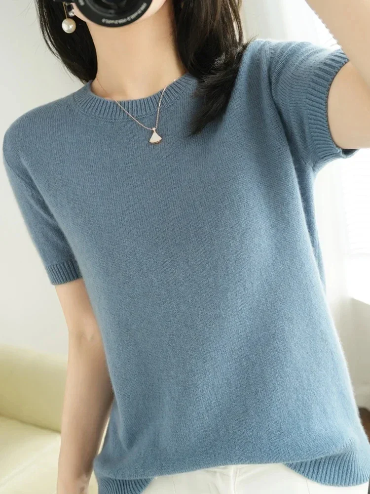 2024 New Knitted Women\'s Sweater Pullover Round Neck Autumn Summer Basic Cotton Slim Fit High Quality Solid Color Top