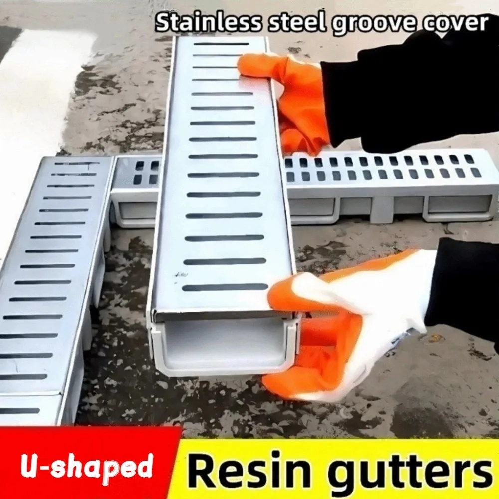 Resin Drainage Gutter Single/Double Row U-shaped Groove Finished Drainage Ditch Heavy Duty Stainless Steel Cover Linear Drain
