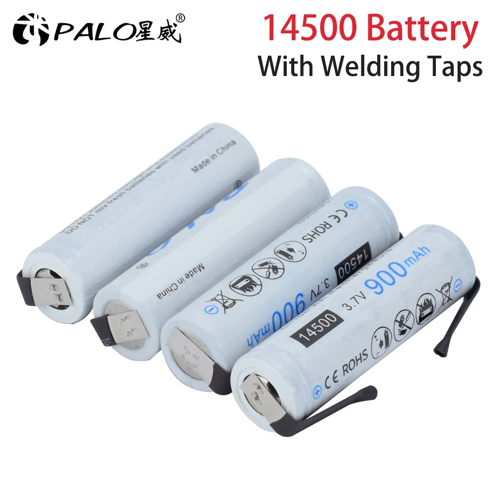 PALO 900mAh 14500 With Welding Taps Li-Ion Rechargeable Battery for Led Flashlight Headlamps Remote Control 3.7V AA Battery