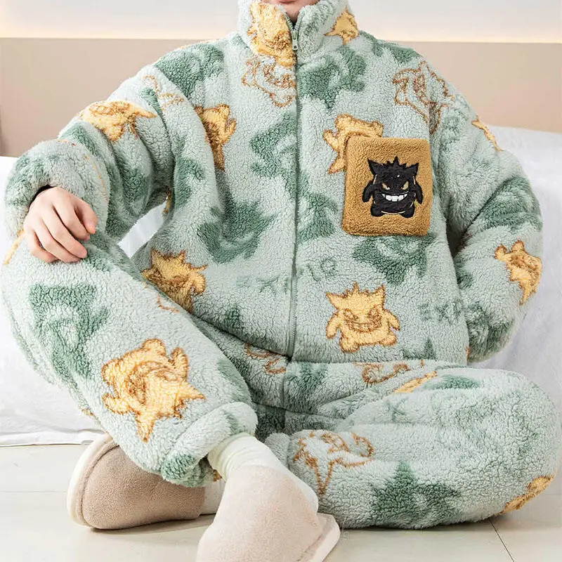 アニメ漫画ポケモンゲンガーメンズコーラルフリースパジャマ冬新作厚手プラスサイズホームスーツセット友人へのギフト