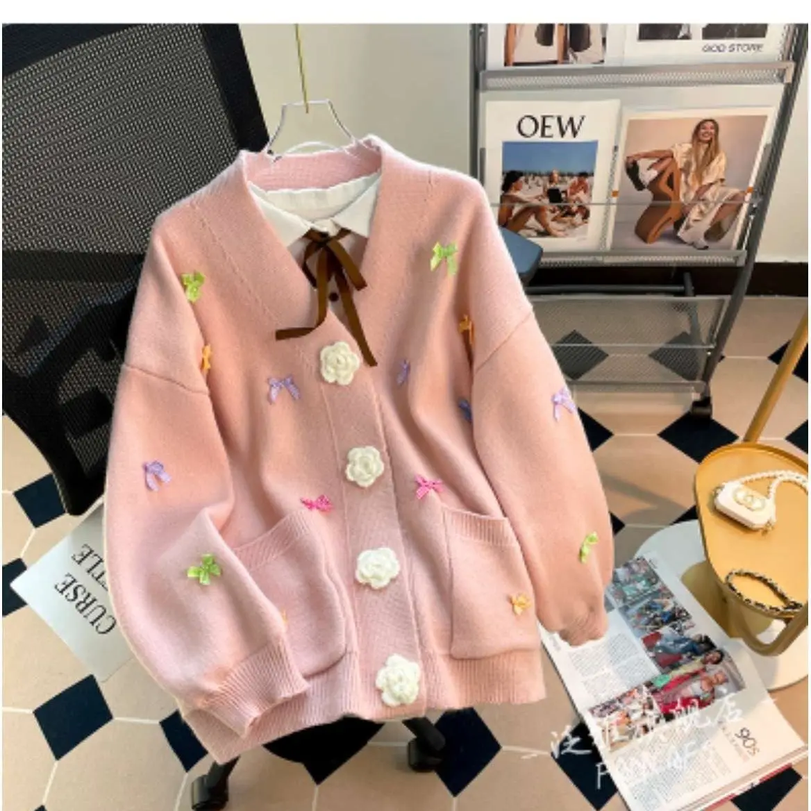 Korean Lively Cute Bow Knitting Cardigan Femme Autumn Winter New Loose Sweet Bright Line Decoration V-neck Trend Sweater Coat