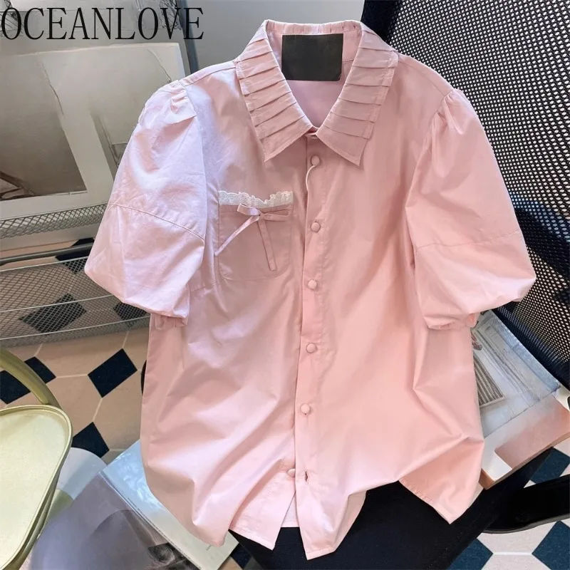 

OCEANLOVE Pink Shirts&blouses Women Tops Puff Sleeve Spring Summer Retro Blusas Mujer Korean Fashion Bows Sweet Camisas