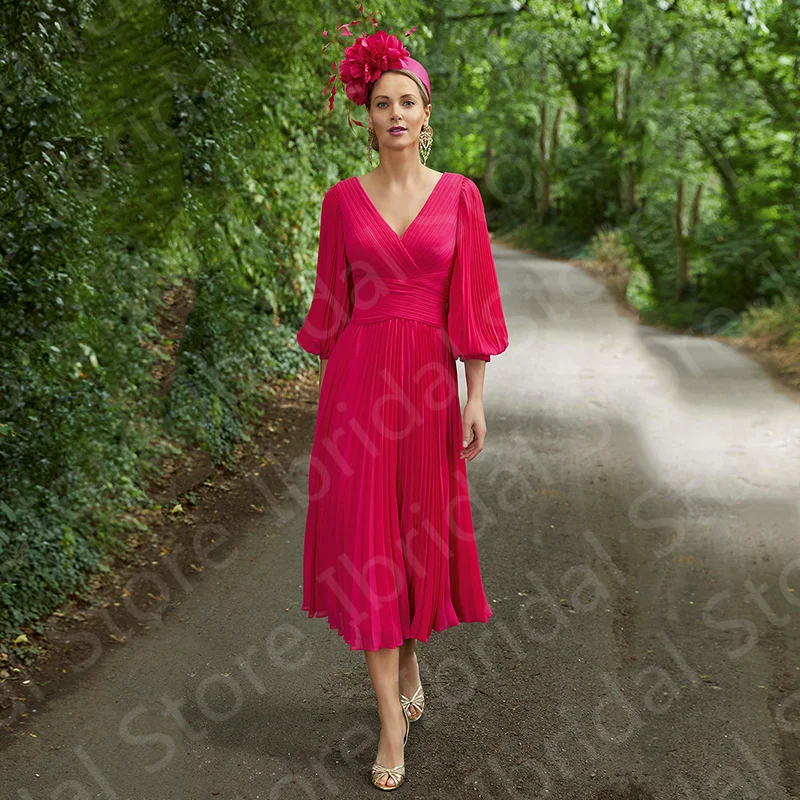 Latest Modern Simple Fuchsia Mother of the Bride Dresses Chiffon with 3/4 Sleeves V Neckline Wedding Guest Gowns 2024 Tea Length