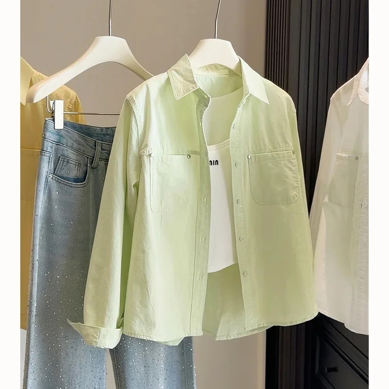 2026 Spring New Style Cream Yellow Cotton Long-Sleeve Women's Shirt, Loose Fit, Versatile For Commuting, Sun-Protective,